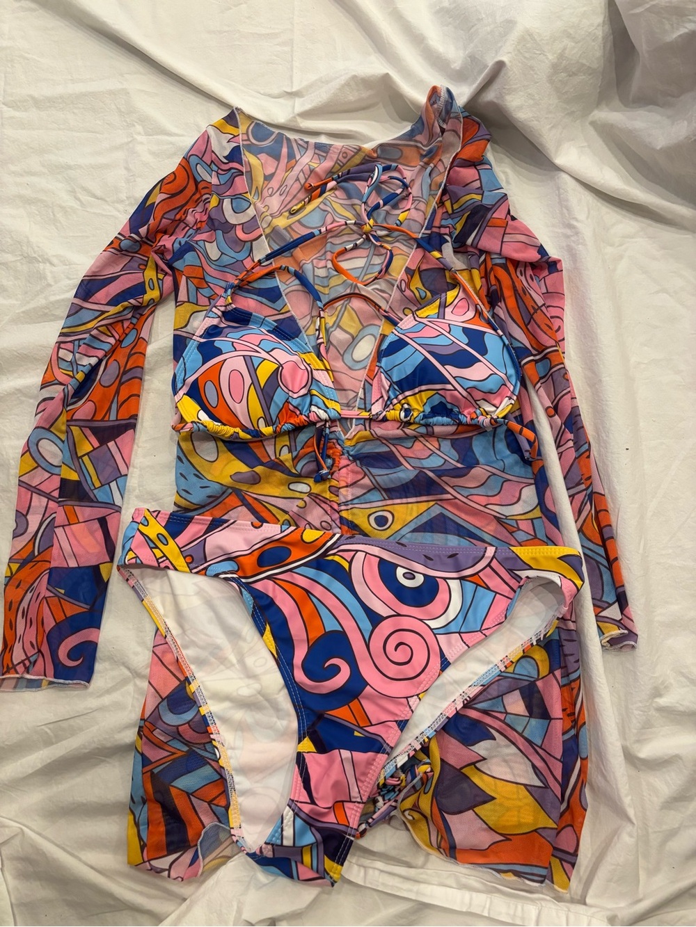Vibrant Abstract Print Long Sleeve Swim Top and Bottom Set - Pink & Blue